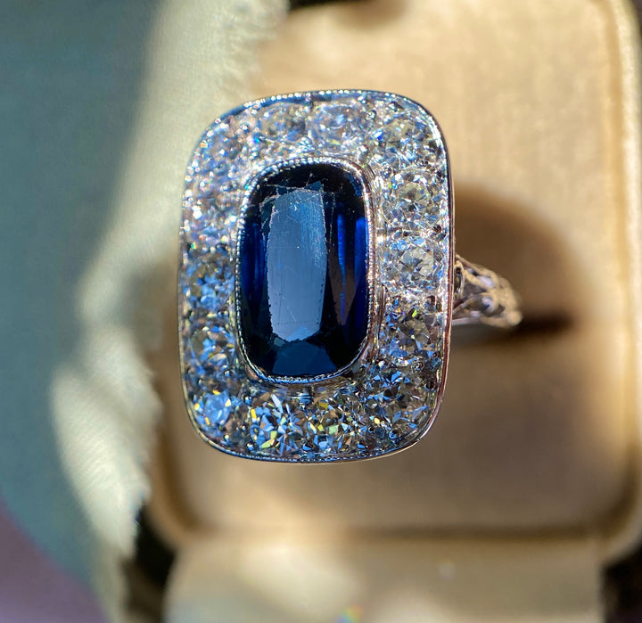 Midnight Train Art Deco Created Sapphire and Natural Diamond Ring in Platinum