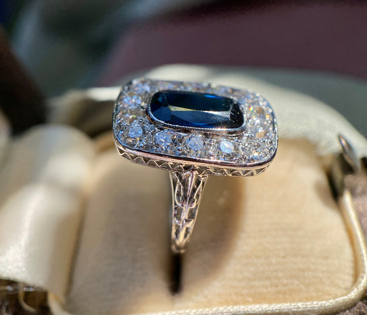 Midnight Train Art Deco Created Sapphire and Natural Diamond Ring in Platinum