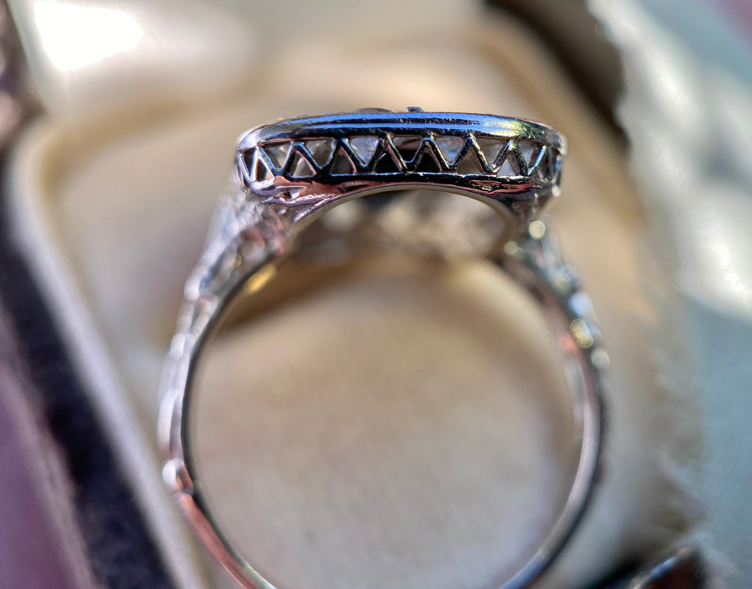 Midnight Train Art Deco Created Sapphire and Natural Diamond Ring in Platinum