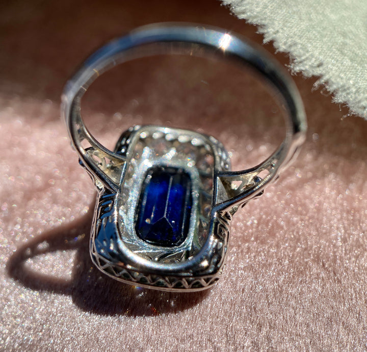 Midnight Train Art Deco Created Sapphire and Natural Diamond Ring in Platinum