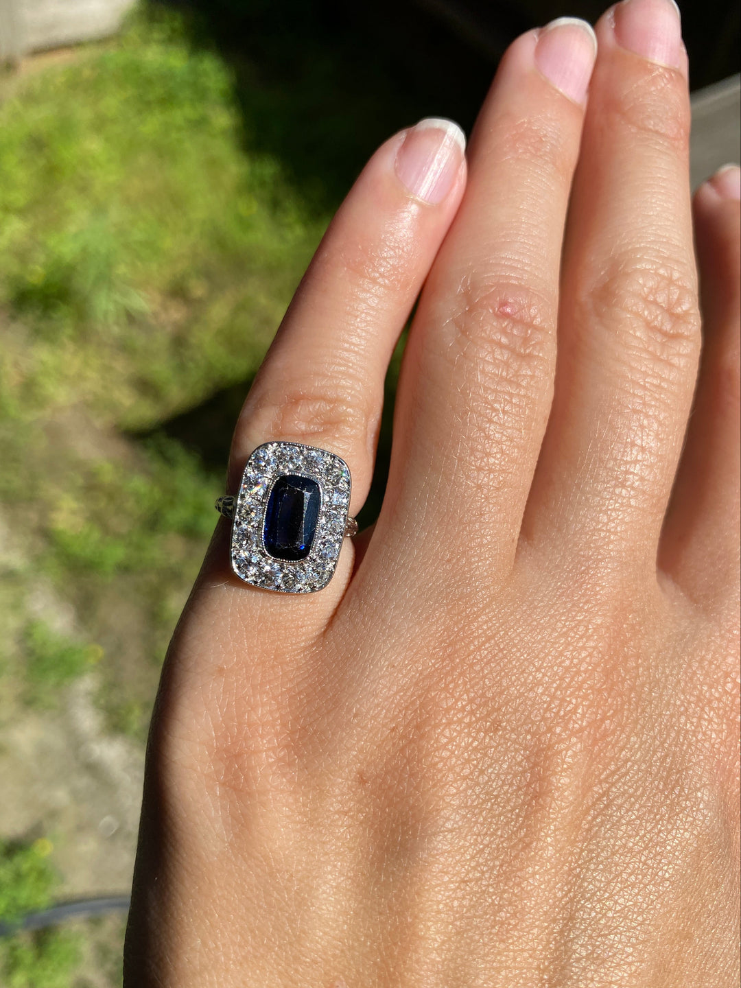 Midnight Train Art Deco Created Sapphire and Natural Diamond Ring in Platinum