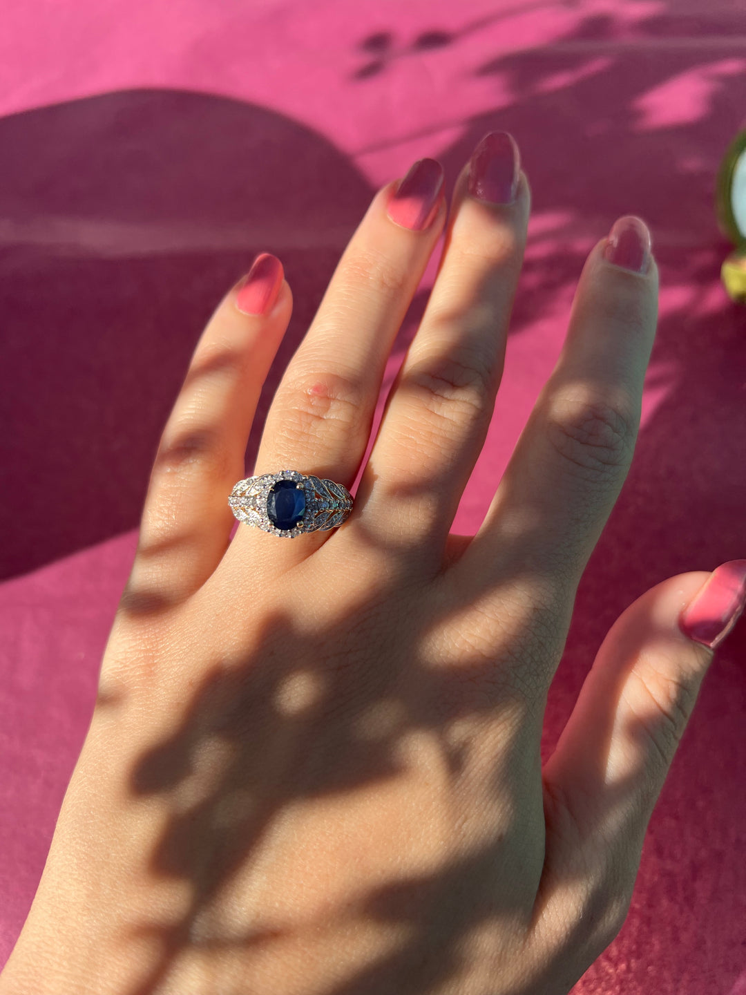Vintage Sapphire And Diamond Leaf Halo Ring in 14k Warm Yellow Gold