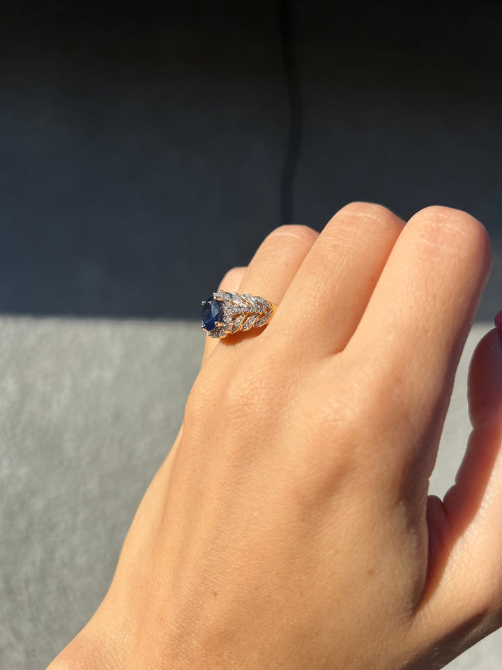 Vintage Sapphire And Diamond Leaf Halo Ring in 14k Warm Yellow Gold
