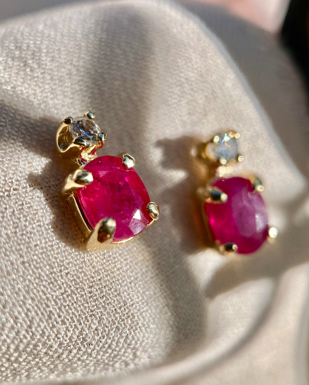 Petal Pink Ruby And Diamond Studs in 14k Yellow Gold