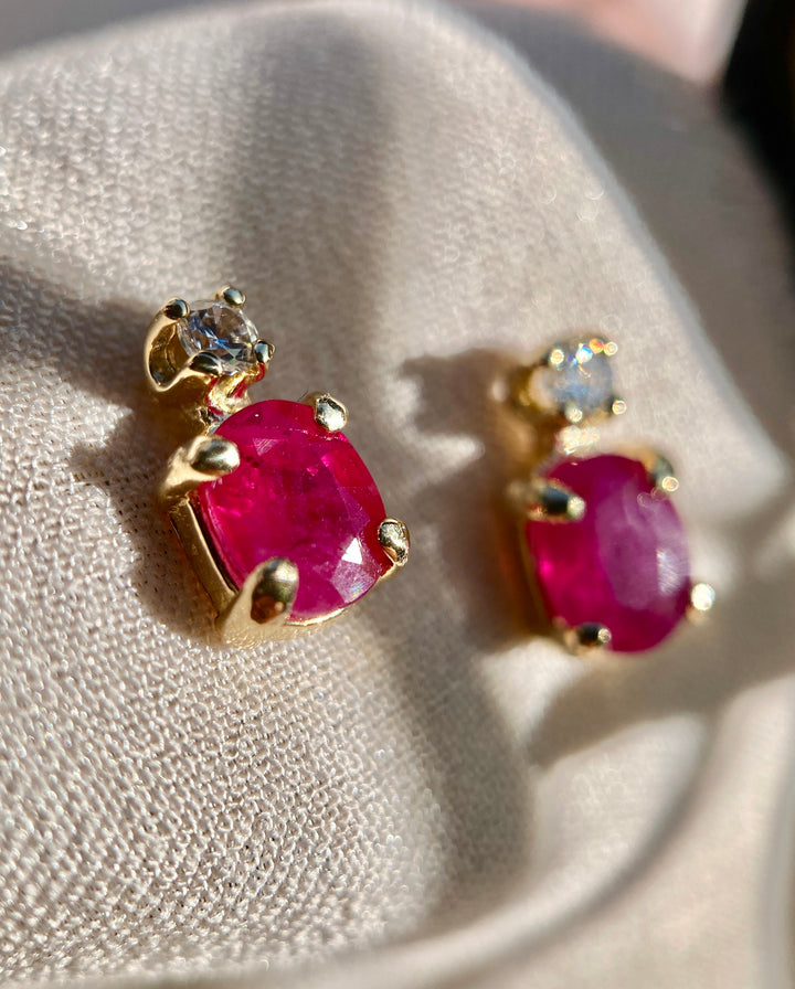 Petal Pink Ruby And Diamond Studs in 14k Yellow Gold
