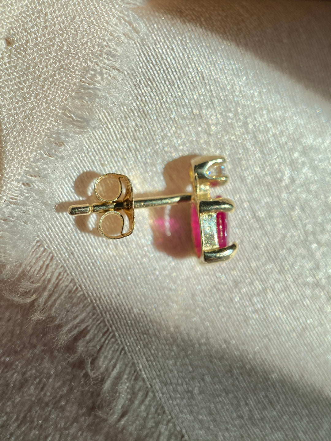 Petal Pink Ruby And Diamond Studs in 14k Yellow Gold