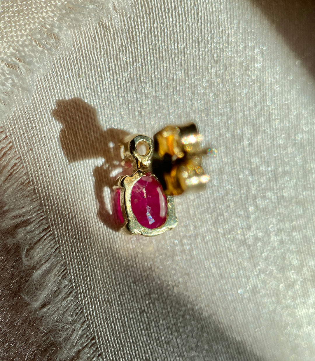 Petal Pink Ruby And Diamond Studs in 14k Yellow Gold