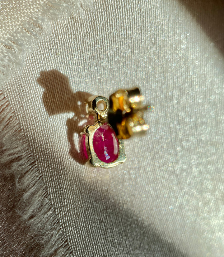 Petal Pink Ruby And Diamond Studs in 14k Yellow Gold