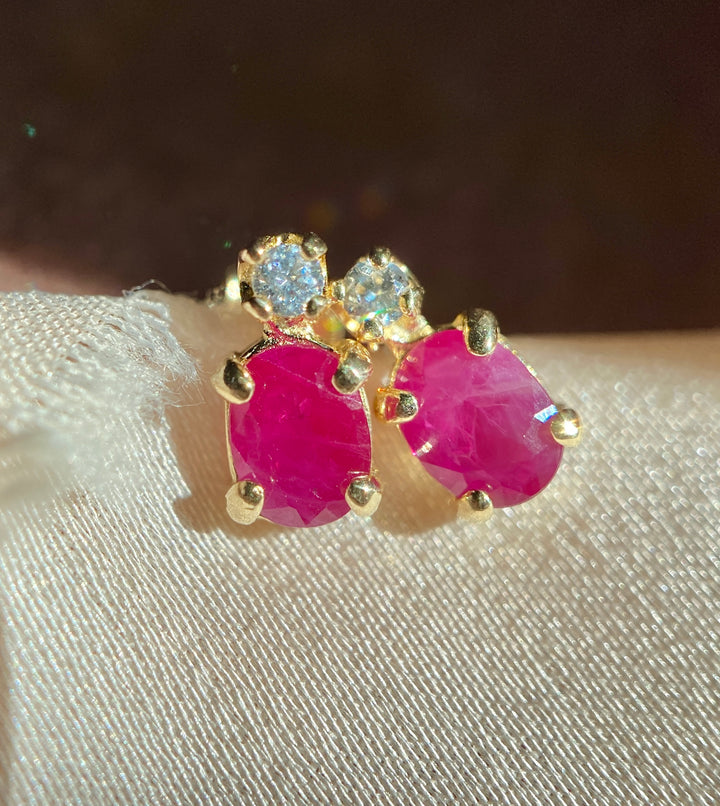 Petal Pink Ruby And Diamond Studs in 14k Yellow Gold