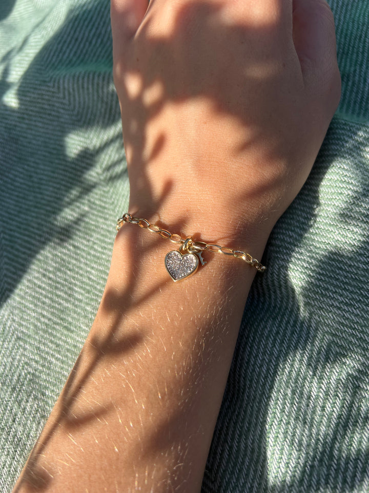 Vintage Padlock Diamond Heart Link Chain Bracelet In Solid 10k Yellow Gold 6.5"