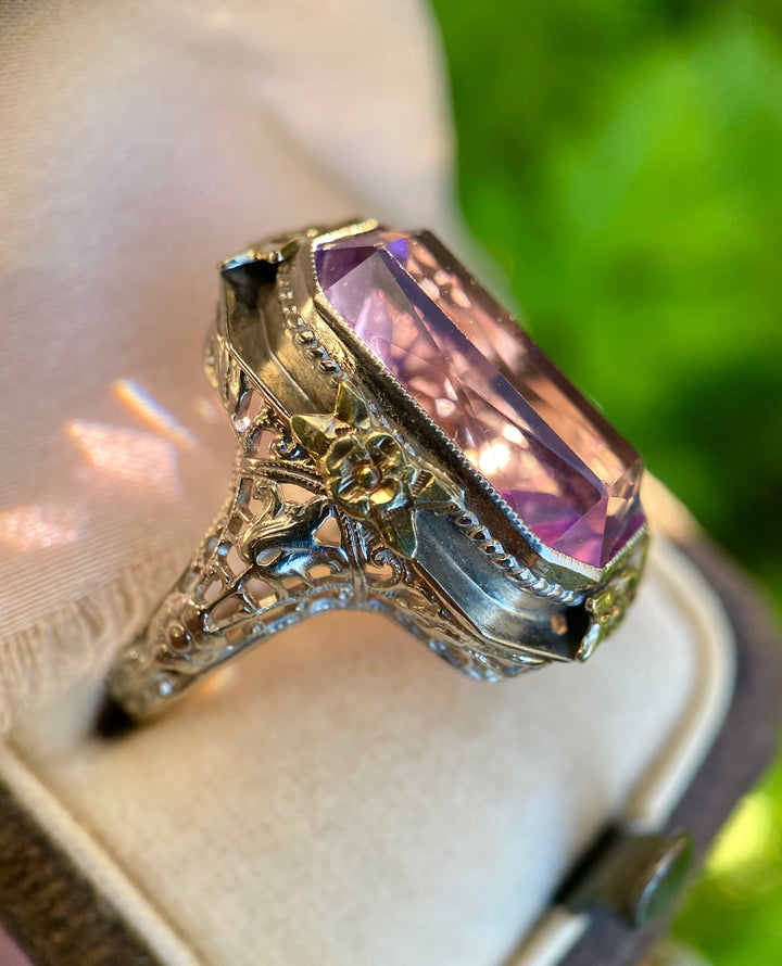 Vintage Floral Lavender Glass Ring in 14k Gold