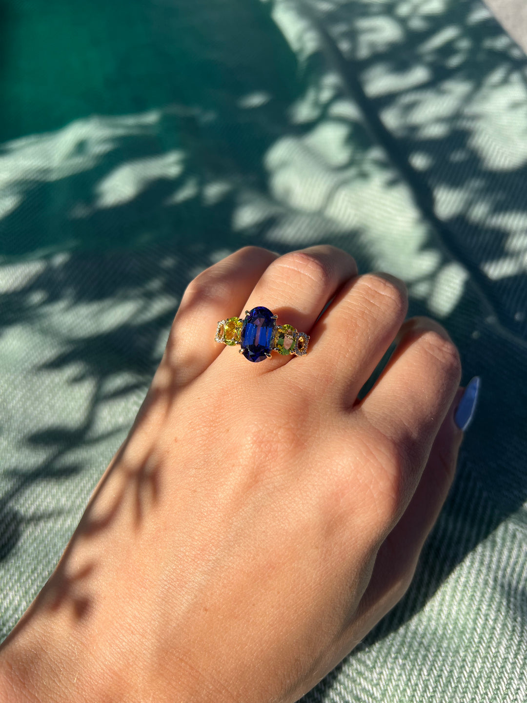 Vivid Violet Blue Tanzanite, Tourmaline And Diamond Ring in 18k Yellow Gold 6.33tcw