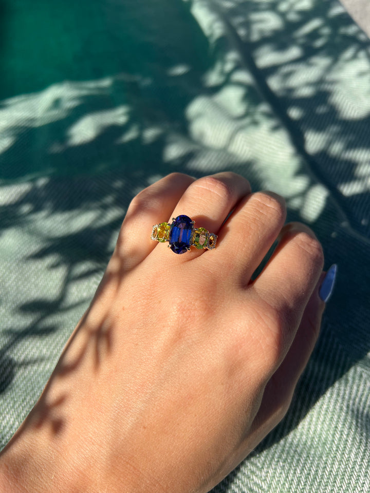 Vivid Violet Blue Tanzanite, Tourmaline And Diamond Ring in 18k Yellow Gold 6.33tcw