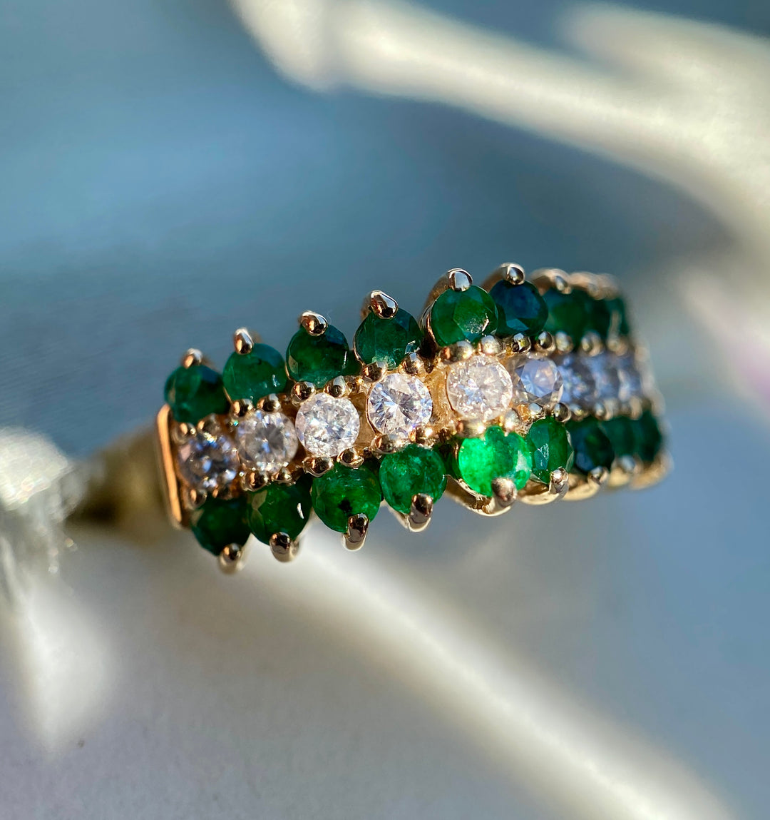 Vintage Starlight And Moss Emerald and Diamond Ring in 14k Yellow Gold