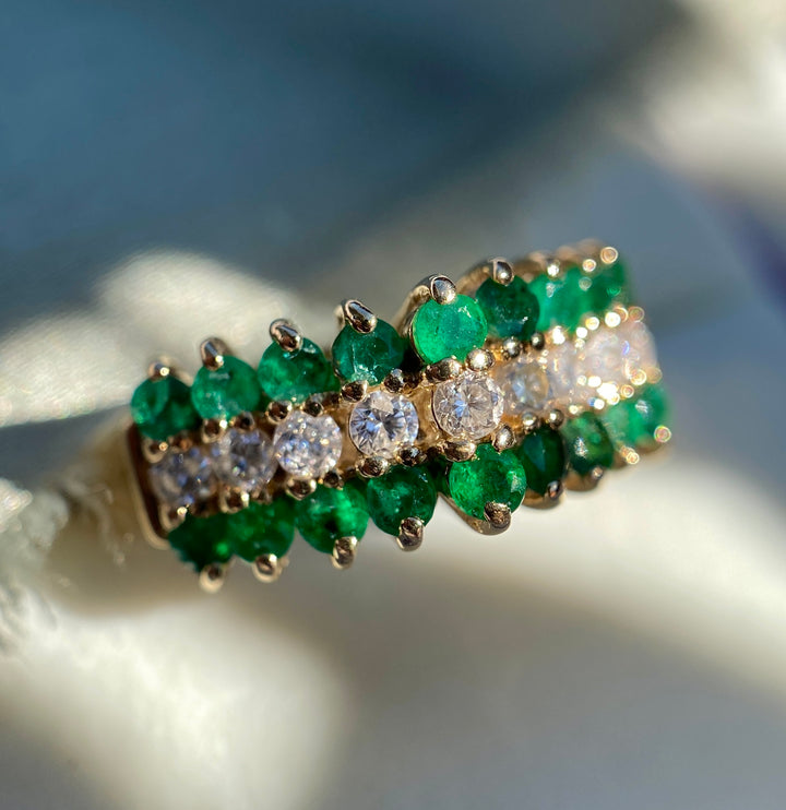 Vintage Starlight And Moss Emerald and Diamond Ring in 14k Yellow Gold