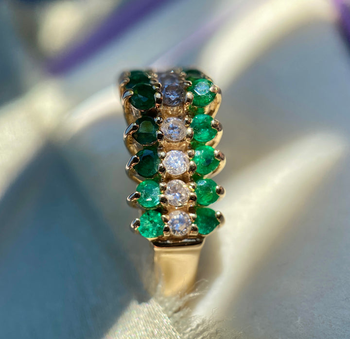 Vintage Starlight And Moss Emerald and Diamond Ring in 14k Yellow Gold