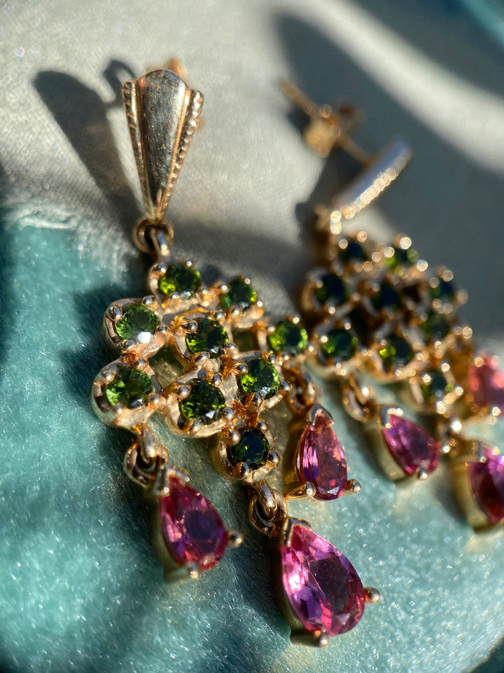 Vintage Watermelon Summer Pink and Green Tourmaline Earrings in 14k Yellow Gold