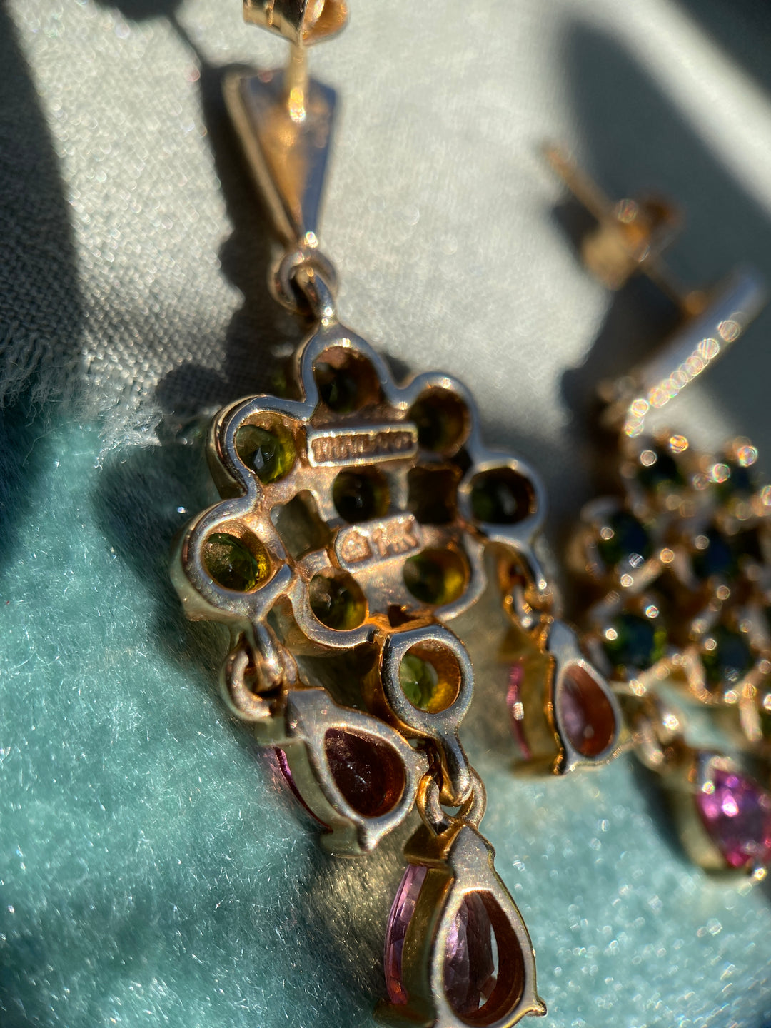 Vintage Watermelon Summer Pink and Green Tourmaline Earrings in 14k Yellow Gold