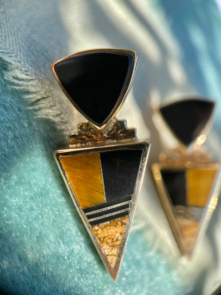 Vintage 80’s-90’s Onyx, Tigers Eye, Natural Stone Inlay Earrings in 14k Yellow Gold