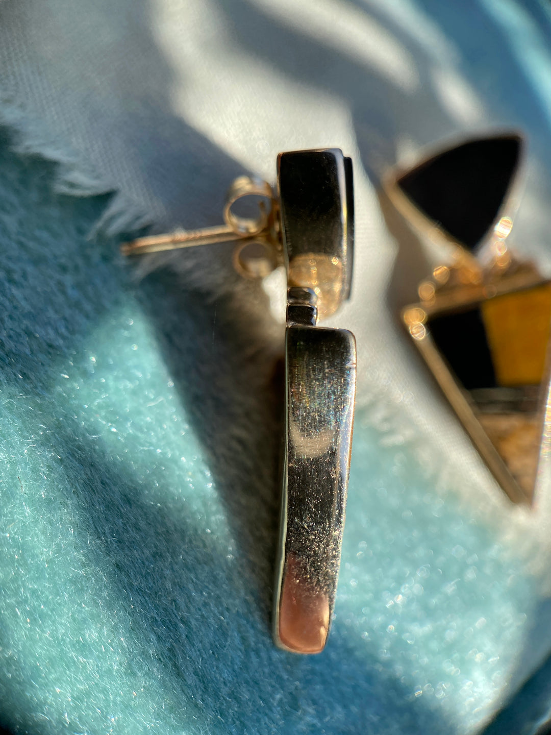 Vintage 80’s-90’s Onyx, Tigers Eye, Natural Stone Inlay Earrings in 14k Yellow Gold