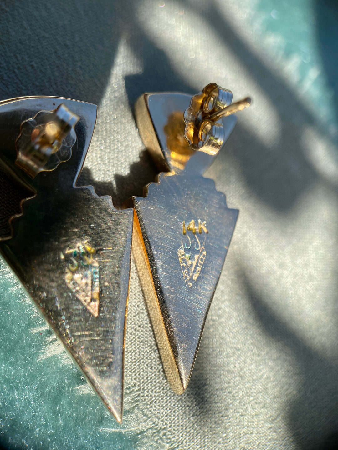 Vintage 80’s-90’s Onyx, Tigers Eye, Natural Stone Inlay Earrings in 14k Yellow Gold