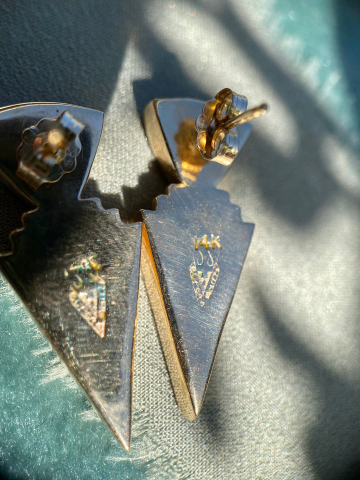 Vintage 80’s-90’s Onyx, Tigers Eye, Natural Stone Inlay Earrings in 14k Yellow Gold