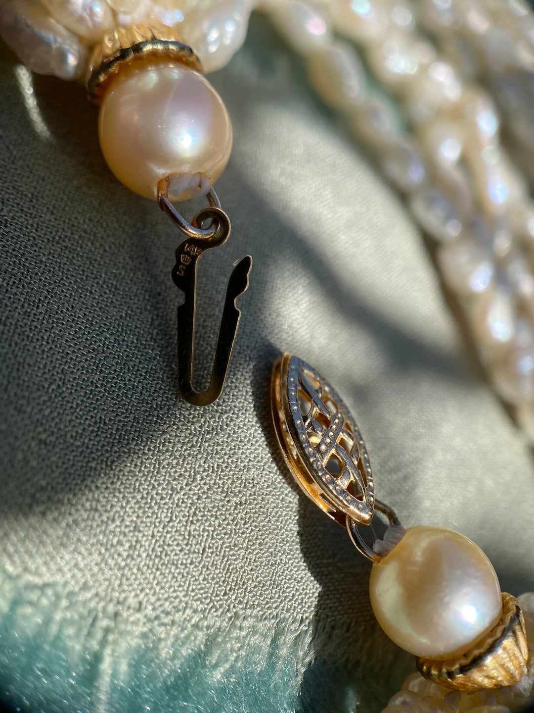 Vintage Cultured Multi-Strand Pearl Necklace in 14k Yellow Gold 16.5"