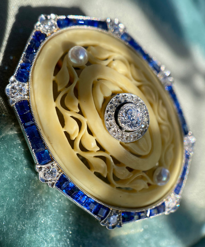 Elegant Art Deco Sapphire, Bone, Pearl, Old Cut Diamonds and Old European Diamond Brooch in 18k Yellow Gold