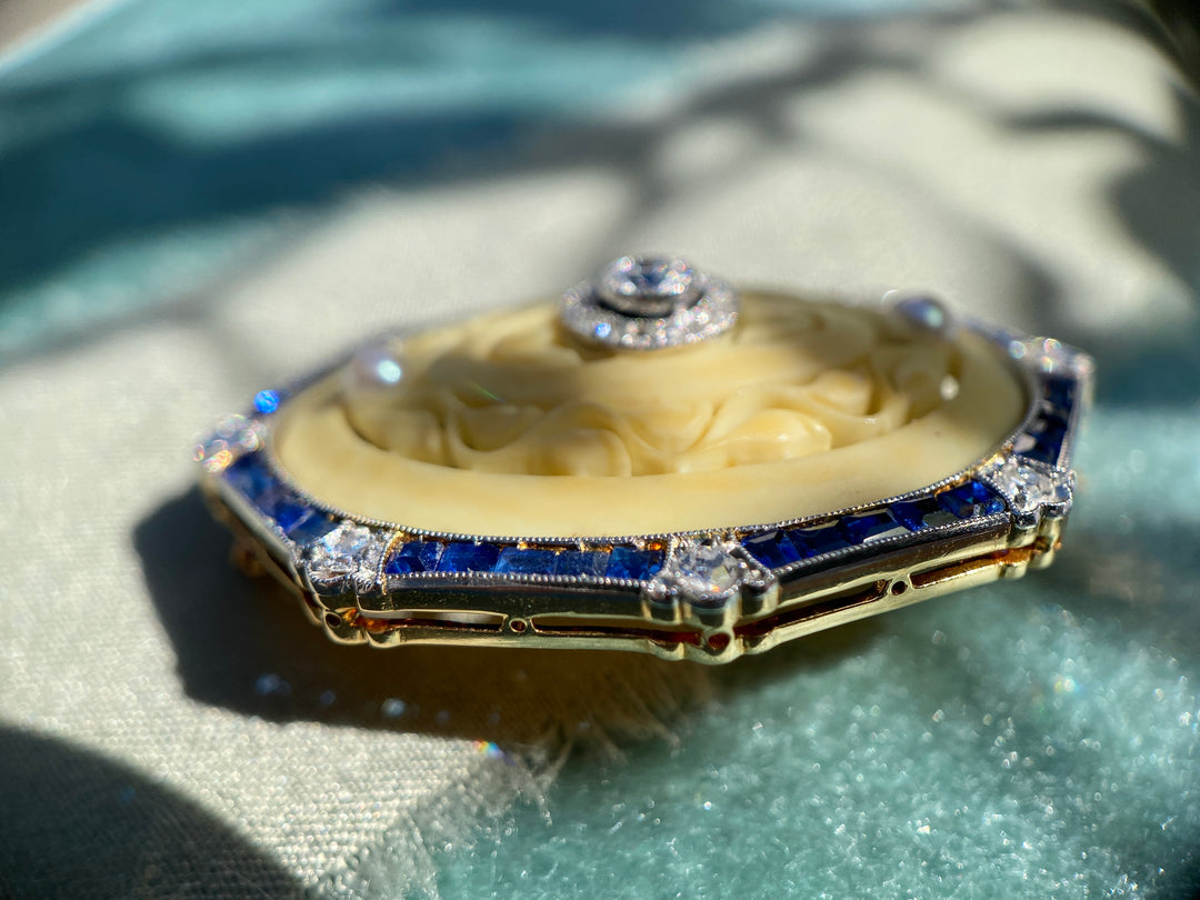 Elegant Art Deco Sapphire, Bone, Pearl, Old Cut Diamonds and Old European Diamond Brooch in 18k Yellow Gold