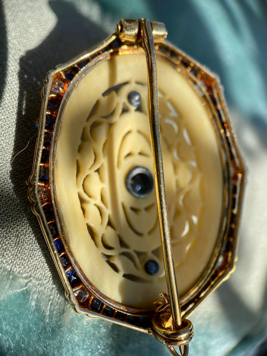 Elegant Art Deco Sapphire, Bone, Pearl, Old Cut Diamonds and Old European Diamond Brooch in 18k Yellow Gold