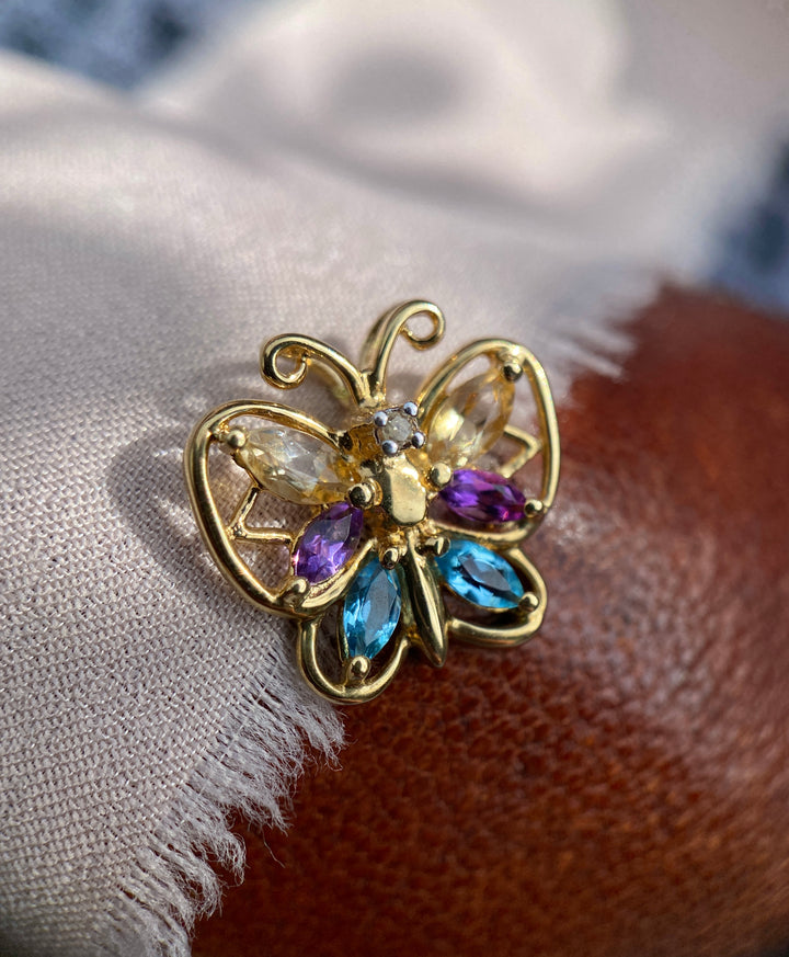 Colorful Amethyst, Citrine, Blue Topaz and Diamond Monarch Butterfly Pendant in 10k Yellow Gold