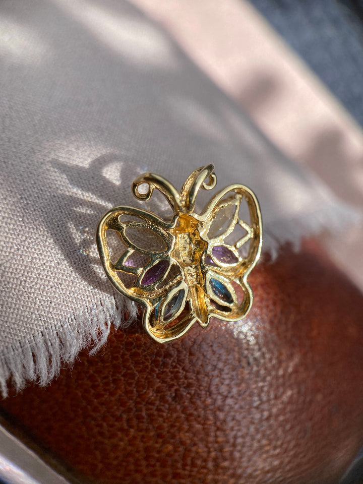 Colorful Amethyst, Citrine, Blue Topaz and Diamond Monarch Butterfly Pendant in 10k Yellow Gold