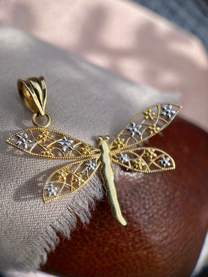 Dragonfly Pendant in 14k Yellow And White Gold