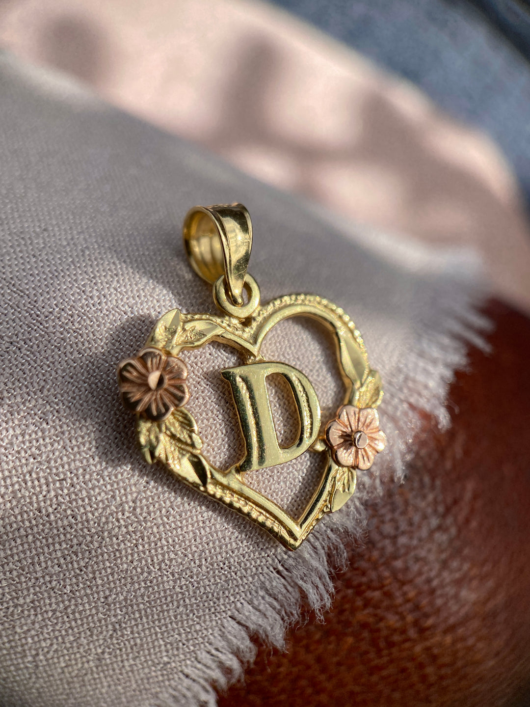 “D” Heart Pendant in 14k Yellow and Rose Gold