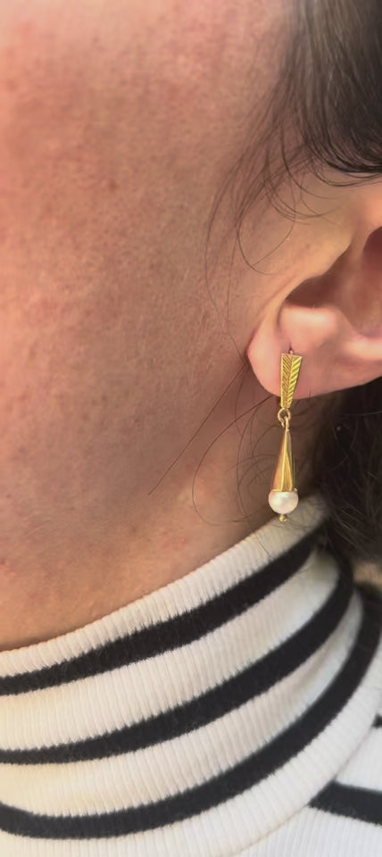 Timeless Diamond Pearl Dangle Earrings in 14k Yellow Gold