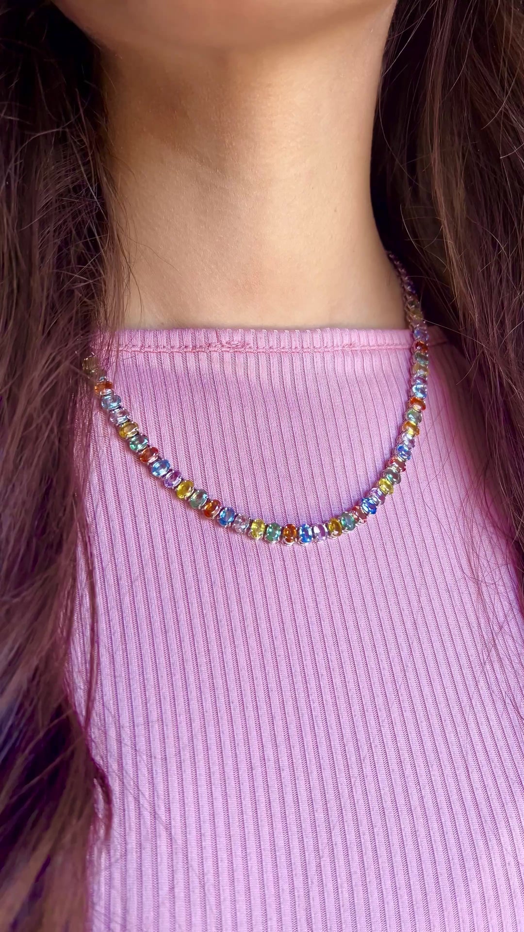 Pastel Perfection Natural Multi-Colored Sapphire Necklace With Orange, Yellow, Green, Pink and Blue Sapphires in 14k White Gold