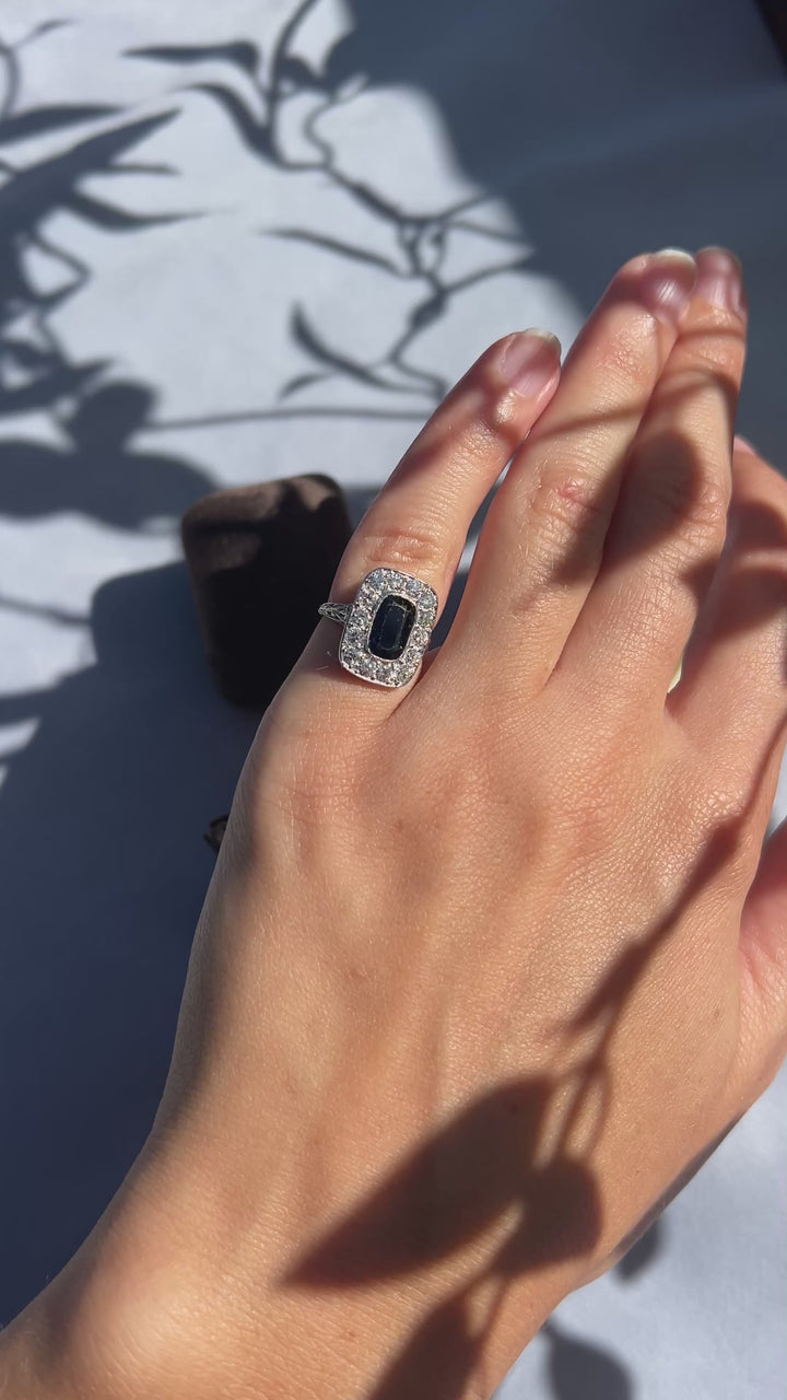 Midnight Train Art Deco Created Sapphire and Natural Diamond Ring in Platinum