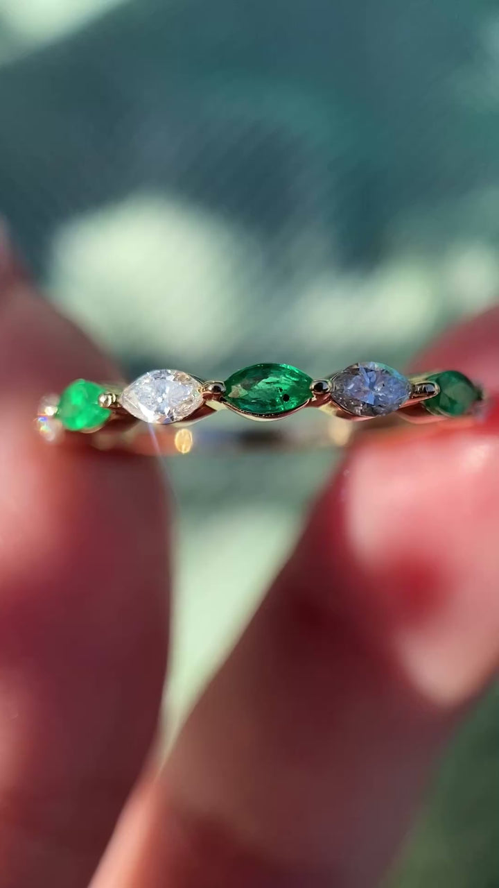 Marquise Natural Diamond and Emerald Band in 14k Yellow Gold
