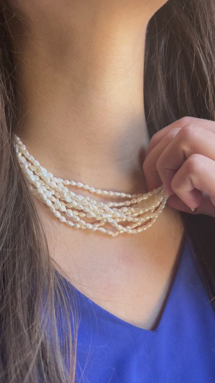Vintage Cultured Multi-Strand Pearl Necklace in 14k Yellow Gold 16.5"