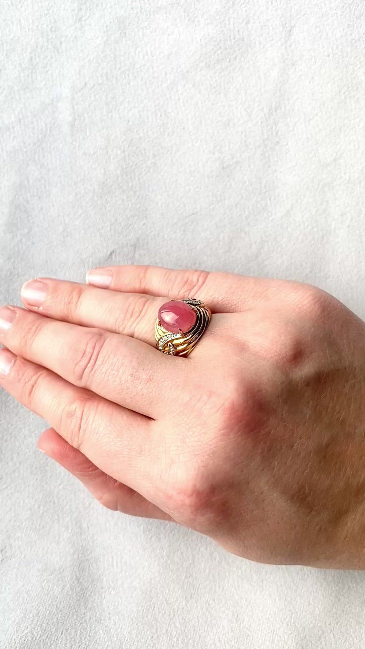 80’s Rhodochrosite and Diamond Ring in 14k Yellow Gold