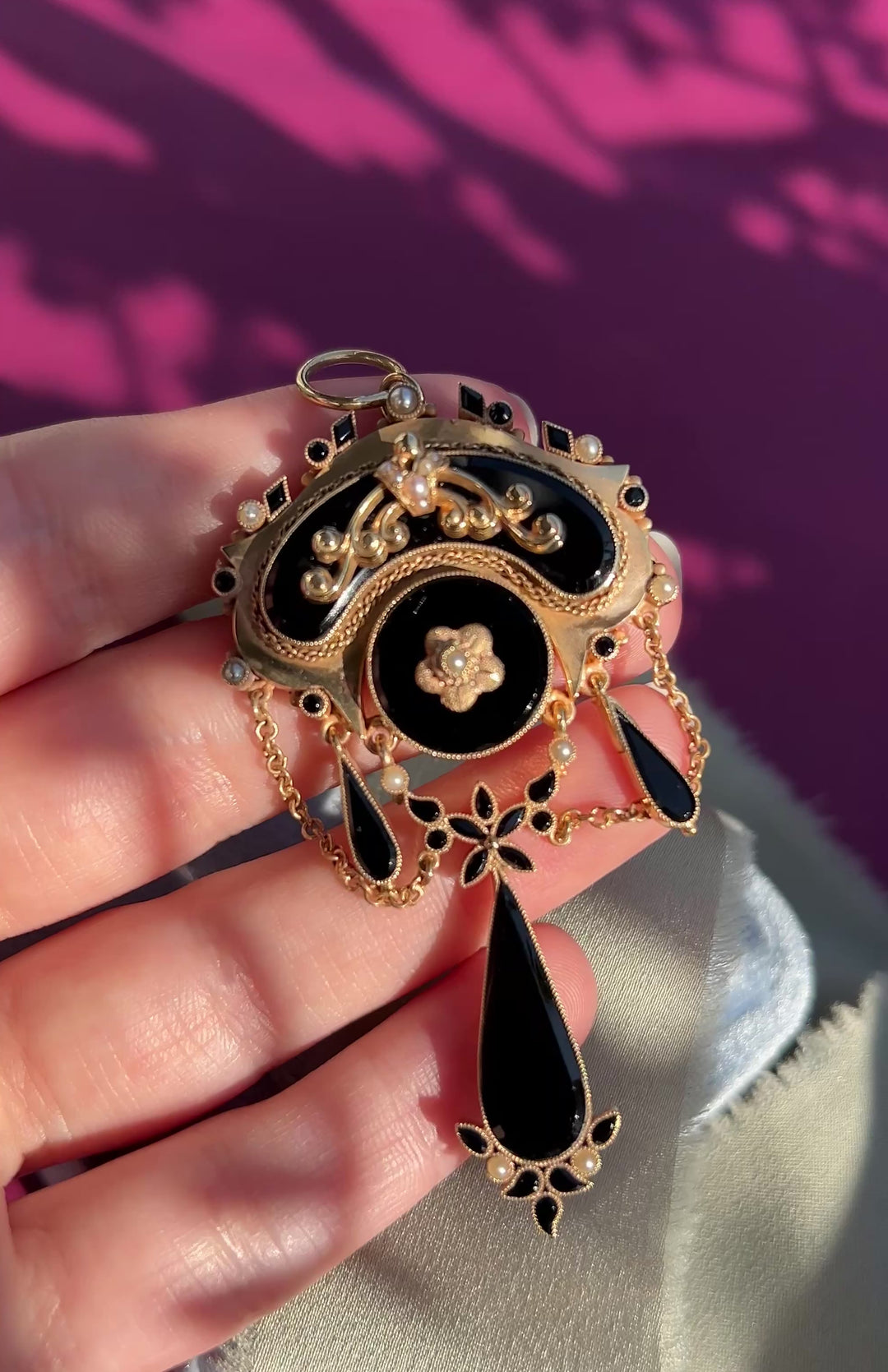 Victorian Onyx And Seed Pearl Pendant 10k Yellow Gold