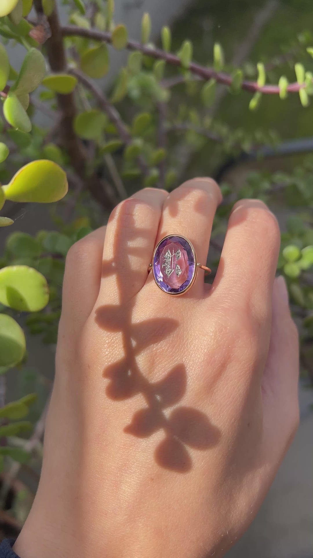 Antique Victorian Amethyst R Ring With Rose Cut Diamonds 14k Yellow Gold
