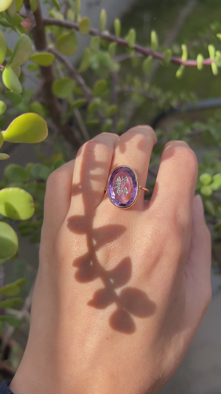 Antique Victorian Amethyst R Ring With Rose Cut Diamonds 14k Yellow Gold
