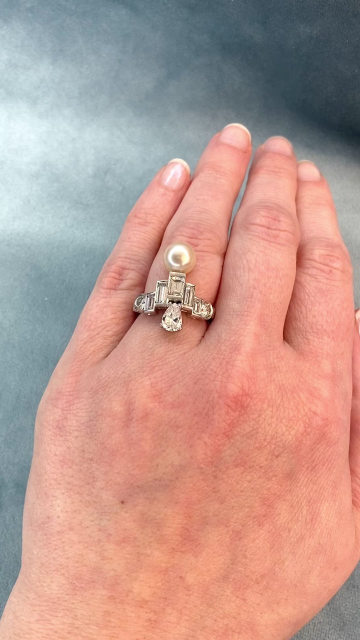 Art Deco Vintage 2.24tcw Diamond & Cream Pearl Platinum Ring