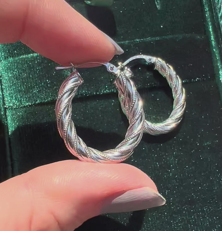 Detailed Twist Hoops in 14k White Gold
