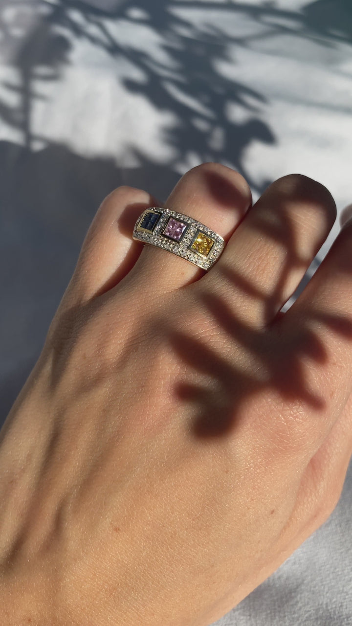 Celebration Natural Multicolored Sapphire and Diamond Ring in 14k White Gold