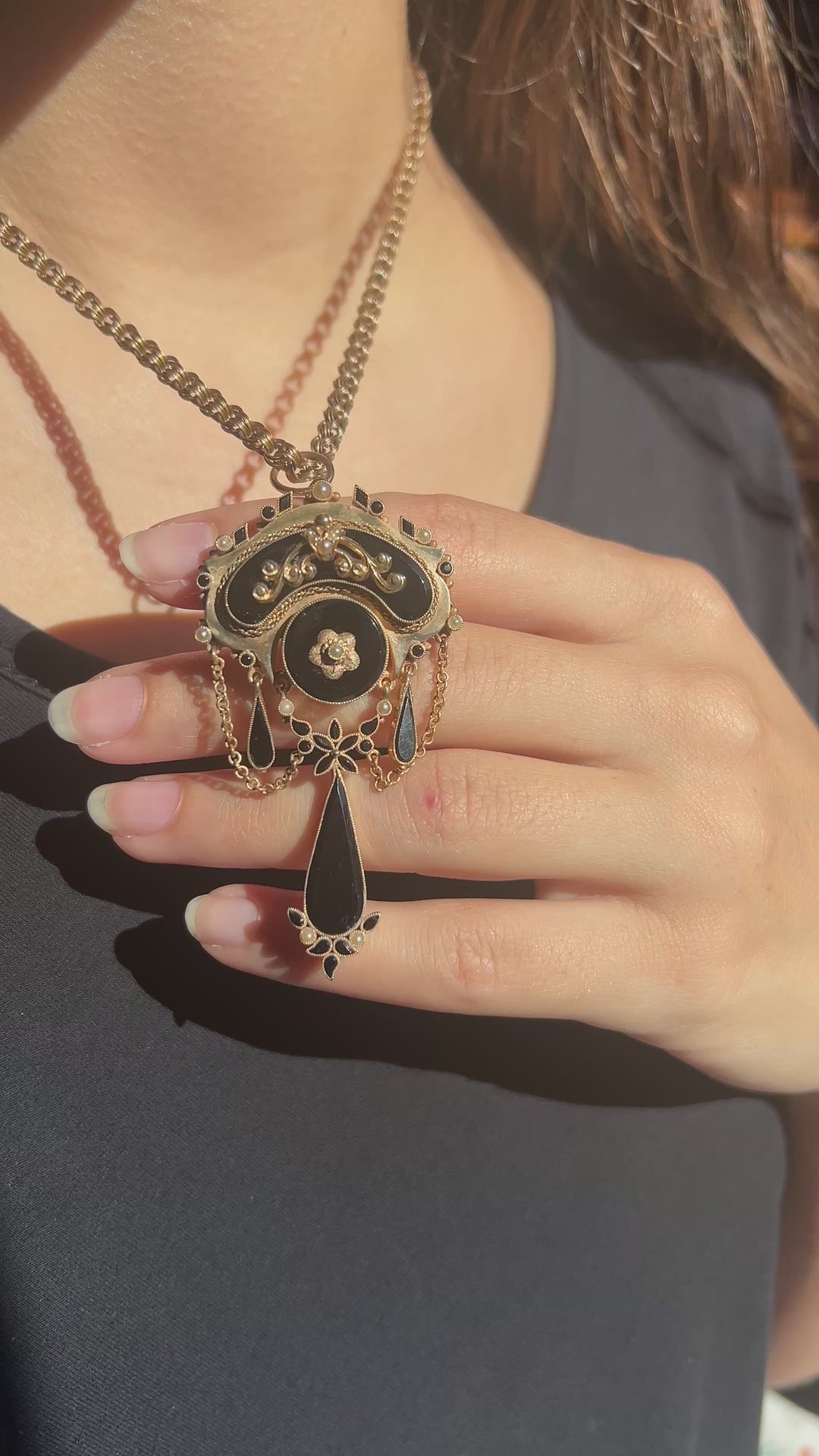 Victorian Onyx And Seed Pearl Pendant 10k Yellow Gold