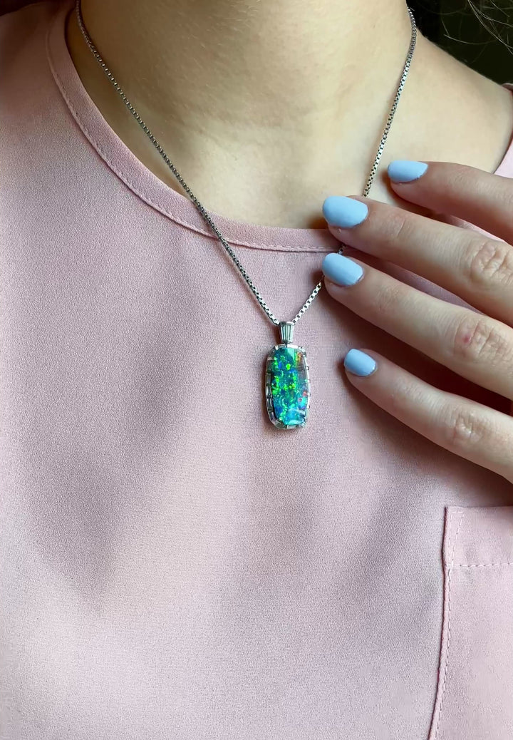 Masterpiece Natural Boulder Australian Opal Pendant in Platinum With Diamond Accents