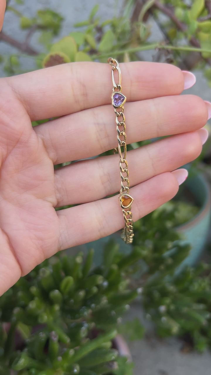 Colorful Hearts Bracelet With Topaz, Citrine, Garnet and Amethyst in 14k Yellow Gold