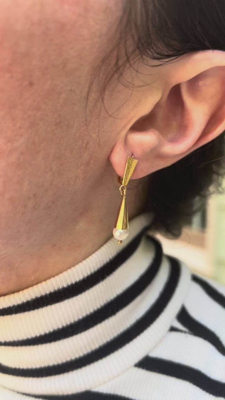 Timeless Diamond Pearl Dangle Earrings in 14k Yellow Gold